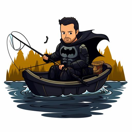 Ben Affleck Batman in a black canoe, fishing, holding fishing rod, cartoon style for t-shirt