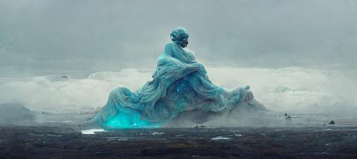 a feminine angel with a bluish skin and a sea ​​turtle mouth seated on an iceberg, goddess, concept art, hyperrealistic, octane render, foggy iceland landscape --ar 16:7