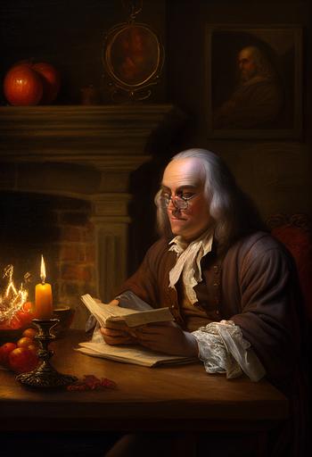 Benjamin Franklin eating red apple and writing marginalia Patriot and Renaissance Man fireplace in background by Dean Morrissey:: --ar 2:3 --v 4