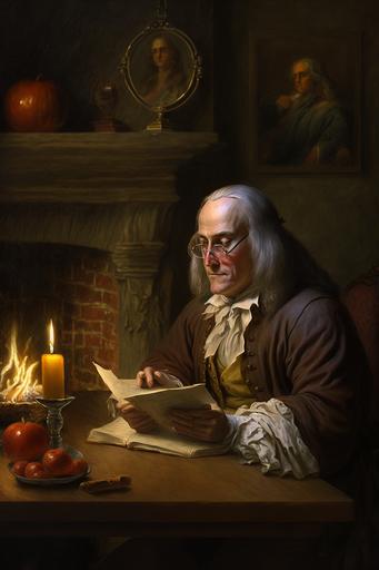Benjamin Franklin eating red apple and writing marginalia Patriot and Renaissance Man fireplace in background by Dean Morrissey:: --ar 2:3 --v 4