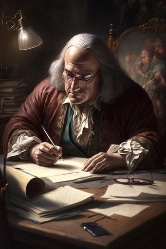 Benjamin Franklin writing marginalia Patriot and Renaissance Man by Dean Morrissey 8k hd:: --ar 2:3 --v 4