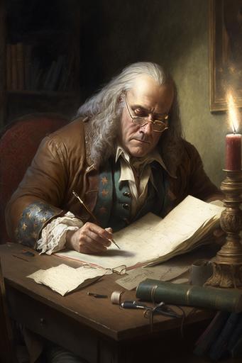 Benjamin Franklin writing marginalia Patriot and Renaissance Man by Dean Morrissey:: --ar 2:3 --v 4