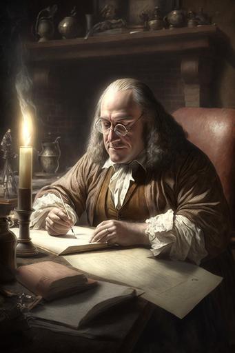 Benjamin Franklin writing marginalia Patriot and Renaissance Man fireplace in background by Dean Morrissey:: --ar 2:3 --v 4