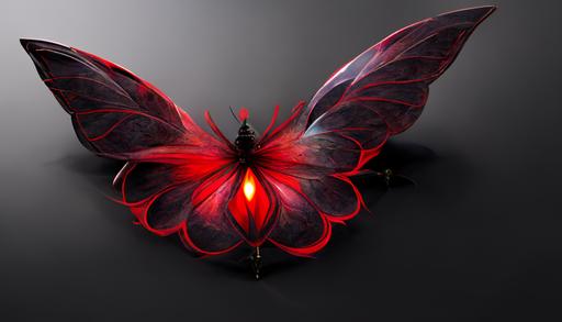 abstract Red lotus butterfly with glowing wings light penetrating into darkness, lifelike, many crystal roses, high detail, 3D digital art, Illusion Engine, animation style, Fairy tale Spirit, 16K --ar 16:9