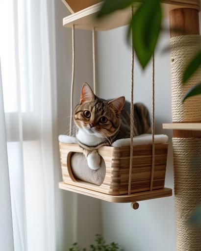 Bento Box shaped hanging cat bed and bento themed cat tree, kawaii aesthetic --ar 4:5 --v 6.0