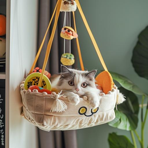 Bento Box shaped hanging cat bed and bento themed cat tree, kawaii aesthetic --v 6.0
