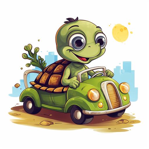 little turtle driving a car cartoon style