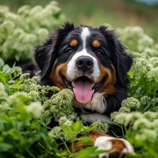 Bernese Mountain Dog rolling around in a field of parsley