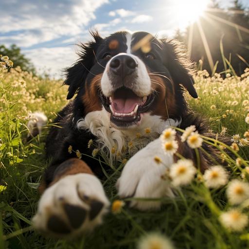Bernese Mountain Dog rolling around in a field of parsley, full body view