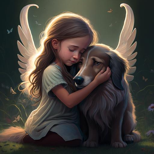 Beside a fallen dog, a crying girl is accompanied by a dog with angel wings who howls mournfully