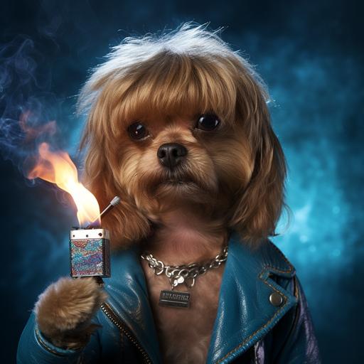 Best quality, masterpiece, HD, real, close up picture of a cute dog with a light brown wig with bangs, blue eye shadow , blowing out a zippo lighter.