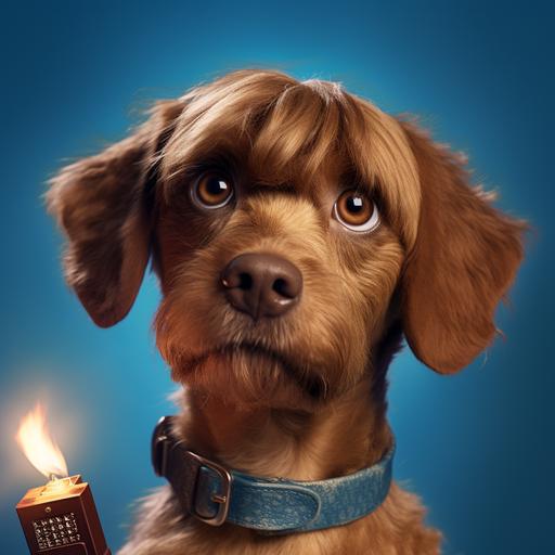 Best quality, masterpiece, HD, real, close up picture of the face of a cute dog staring up and to the left with a light brown wig with bangs, with blue colored top eyelids, blowing out a zippo lighter.