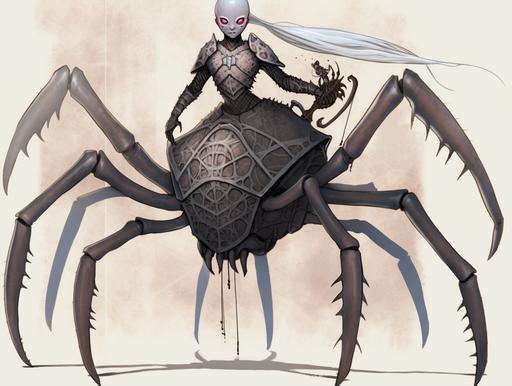Bestiary illustration, necronomicon entry: the slender narrow-waisted female latrodectus-inspired iridescent drider/arachne with decolletage cutout 'dark fantasy' armor-exoskeleton, thick shapely arachnoid-humanoid legs, in the style of 2.5d cloisonnism with ambient occlusion and white ink bold outlines on matte black parchment, in the style of full-length blacklight pin up posters, in the style of extremely realistic and detailed illustrations for DND by Peter Mohrbacher :: text, spider ::-0.25 --ar 4:3 --niji