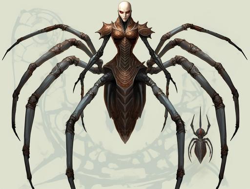Bestiary illustration, necronomicon entry: the slender narrow-waisted female latrodectus-inspired iridescent drider/arachne with decolletage cutout 'dark fantasy' armor-exoskeleton, thick shapely arachnoid-humanoid legs, in the style of 2.5d cloisonnism with ambient occlusion and white ink bold outlines on matte black parchment, in the style of full-length blacklight pin up posters, in the style of extremely realistic and detailed illustrations for DND by Peter Mohrbacher :: text, spider ::-0.25 --ar 4:3