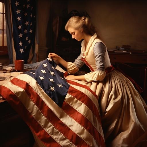 Betsy Ross, realistic photography, creating the first american flag, 1776