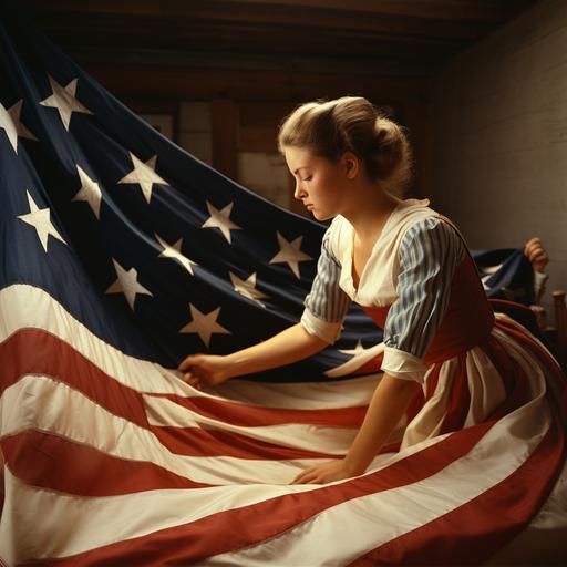 Betsy Ross, realistic photography, creating the first american flag, 1776