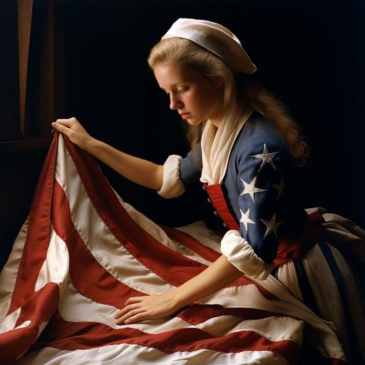 Betsy Ross, realistic photography, creating the first american flag, 1776