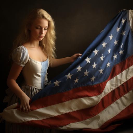 Betsy Ross, realistic photography, creating the first american flag, 1776