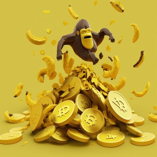 banano cryptocurrency logo floating in a pile of bananas with gorillas peeling a banana