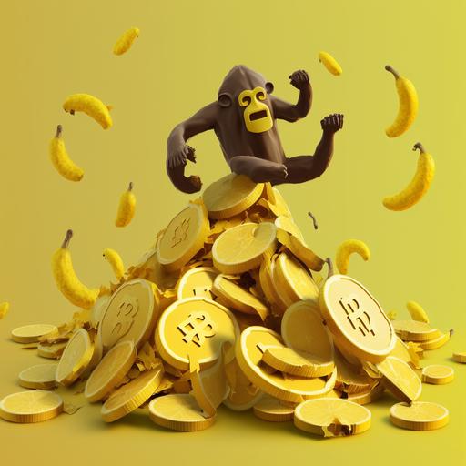 banano cryptocurrency logo floating in a pile of bananas with gorillas peeling a banana