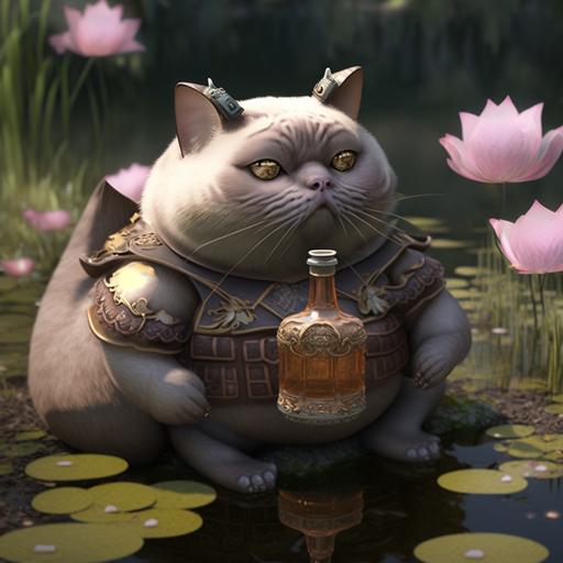A fat and cute Siamese cat in a princess outfit drinking whiskey by a lotus pond. 3D