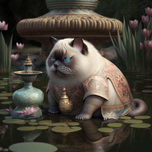 A fat and cute Siamese cat in a princess outfit drinking whiskey by a lotus pond. 3D