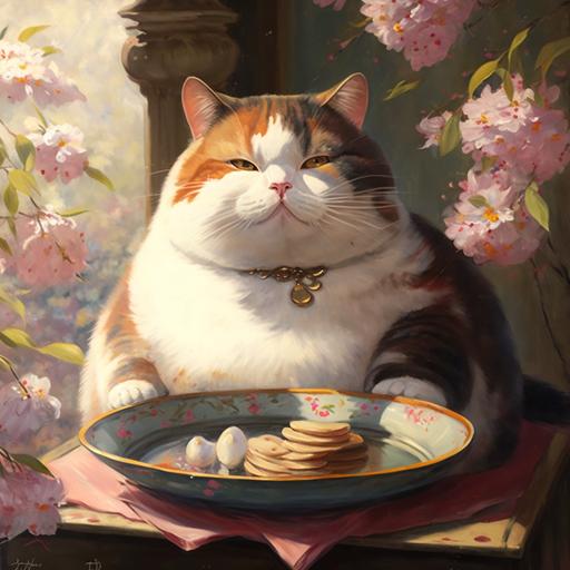 A fat saishi cat faces a plate of food, satisfied, happy. Oil painting. There are cherry blossoms behind, a sense of reality
