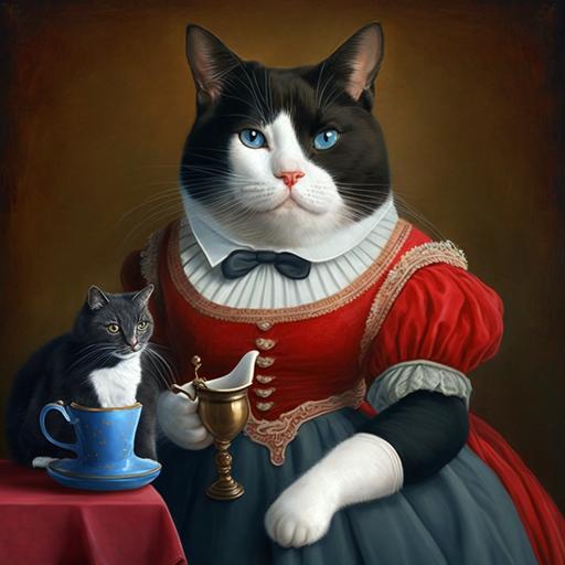 a lovely tuxedo cat,fat,smiling,with red princess dress, drinking coffee,blue wedgewood cup,accompanied with a little tuxedo rabbit