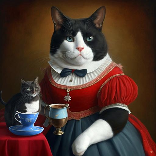 a lovely tuxedo cat,fat,smiling,with red princess dress, drinking coffee,blue wedgewood cup,accompanied with a little tuxedo rabbit