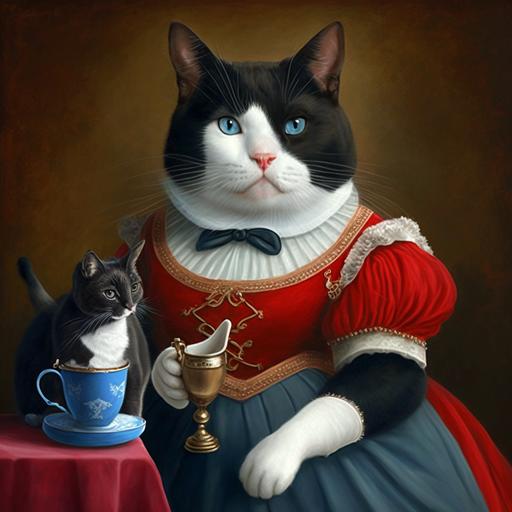 a lovely tuxedo cat,fat,smiling,with red princess dress, drinking coffee,blue wedgewood cup,accompanied with a little tuxedo rabbit