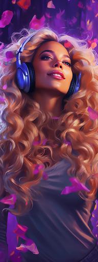 Beyoncé wearing headphones dancing. background of purple party streamers --ar 3:8