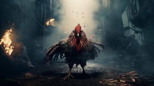 a huge frailed monstrous rooster. It has been experimented with chemicals, and as a result it is looking like a monster. Cinematic, centre framing --ar 16:9