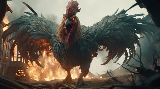 a huge frailed monstrous rooster. It has been experimented with chemicals, and as a result it is looking like a monster. Cinematic, centre framing --ar 16:9