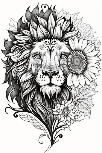 Big Flower, Lion Face, white background, cartoon anime style, style of the coloring book, colorful details, vector lines, black and white --ar 2:3 --v 4 --s 300