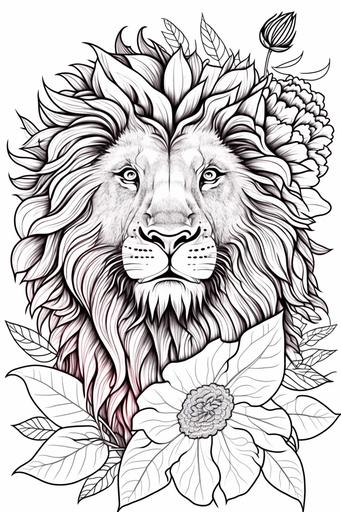 Big Flower, Lion Face, white background, cartoon anime style, style of the coloring book, colorful details, vector lines, black and white --ar 2:3 --v 4 --s 300