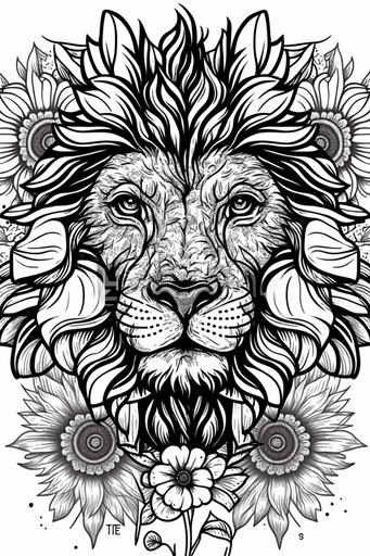 Big Flower, Lion Face, white background, cartoon anime style, style of the coloring book, colorful details, vector lines, black and white --ar 2:3 --v 4 --s 300