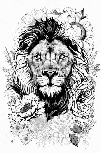 Big Flower, Lion Face, white background, cartoon anime style, style of the coloring book, colorful details, vector lines, black and white --ar 2:3 --v 4 --s 300