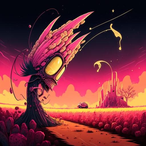 Big alien corn, pink landscape with starry night and meteor shower by hokusai, cartoon character by Brian Kesinger and Craola, Synthpunk style, environment concept art from Cuphead, procedural art, black marker lines, insane details, cinematic lighting, 3D studio Max, UHD, virtual engine, Depth of Field, White Balance, Backlight, glowing, shadows, Tone Mapping --q 2 --s 750