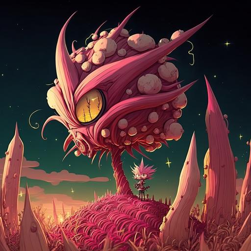 Big alien corn, pink landscape with starry night and meteor shower by hokusai, cartoon character by Brian Kesinger and Craola, Synthpunk style, environment concept art from Cuphead, procedural art, black marker lines, insane details, cinematic lighting, 3D studio Max, UHD, virtual engine, Depth of Field, White Balance, Backlight, glowing, shadows, Tone Mapping --q 2 --s 750