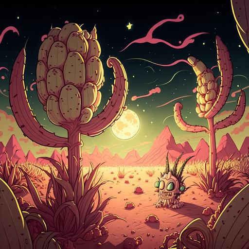 Big alien corn, pink landscape with starry night and meteor shower by hokusai, cartoon character by Brian Kesinger and Craola, Synthpunk style, environment concept art from Cuphead, procedural art, black marker lines, insane details, cinematic lighting, 3D studio Max, UHD, virtual engine, Depth of Field, White Balance, Backlight, glowing, shadows, Tone Mapping --q 2 --s 750