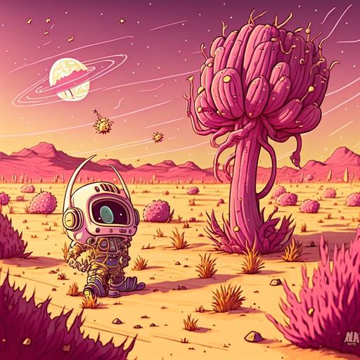 Big alien corn, pink landscape with starry night and meteor shower by hokusai, cartoon character by Brian Kesinger and Craola, Synthpunk style, environment concept art from Cuphead, procedural art, black marker lines, insane details, cinematic lighting, 3D studio Max, UHD, virtual engine, Depth of Field, White Balance, Backlight, glowing, shadows, Tone Mapping --q 2 --s 750