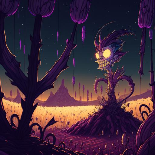 Big alien corn, purple landscape with starry night and meteor shower by hokusai, cartoon character by Brian Kesinger and Craola, Synthpunk style, environment concept art from Cuphead, procedural art, black marker lines, insane details, cinematic lighting, 3D studio Max, UHD, virtual engine, Depth of Field, White Balance, Backlight, glowing, shadows, Tone Mapping --q 2 --s 750