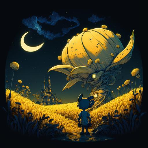 Big alien yellow corn, dark blue landscape with starry night and meteor shower by hokusai, cartoon character by Brian Kesinger and Craola, Dieselpunk style, environment concept art from Cuphead, procedural art, black marker lines, insane details, cinematic lighting, 3D studio Max, UHD, virtual engine, Depth of Field, White Balance, Backlight, glowing, shadows, Tone Mapping, --q 2 --s 750