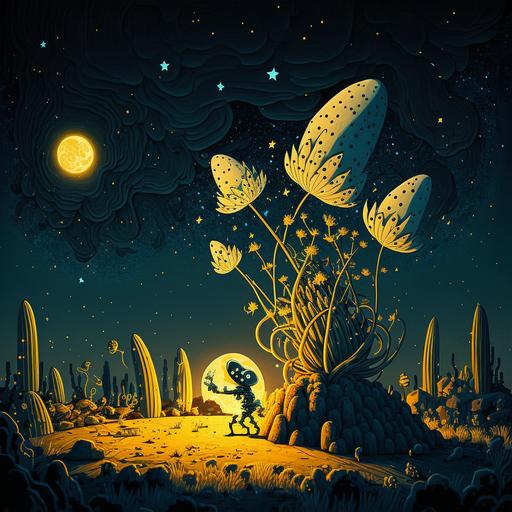 Big alien yellow corn, dark blue landscape with starry night and meteor shower by hokusai, cartoon character by Brian Kesinger and Craola, Dieselpunk style, environment concept art from Cuphead, procedural art, black marker lines, insane details, cinematic lighting, 3D studio Max, UHD, virtual engine, Depth of Field, White Balance, Backlight, glowing, shadows, Tone Mapping, --q 2 --s 750