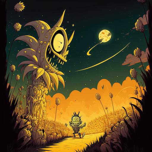 Big alien yellow corn, landscape with starry night and meteor shower by hokusai, cartoon character by Brian Kesinger and Craola, Dieselpunk style, environment concept art from Cuphead, procedural art, black marker lines, insane details, cinematic lighting, 3D studio Max, UHD, virtual engine, Depth of Field, White Balance, Backlight, glowing, shadows, Tone Mapping, --q 2 --s 750