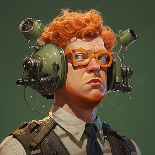 Big fat ginger nerd with a firing gun growing from his head