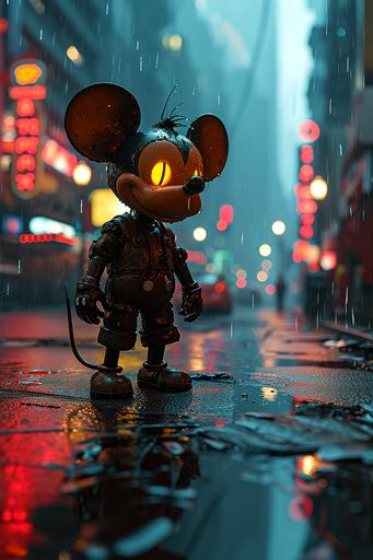 Big massive crwzy mikey mouse, transformer figure, hulk body, Bitcoin logo eyes, cyberpunk city epic neon light  --s 750 --v 6.0 --ar 2:3