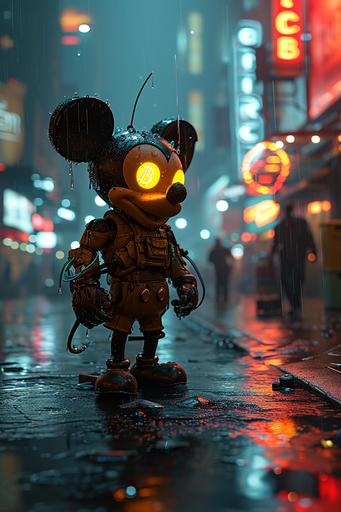 Big massive crwzy mikey mouse, transformer figure, hulk body, Bitcoin logo eyes, cyberpunk city epic neon light  --s 750 --v 6.0 --ar 2:3