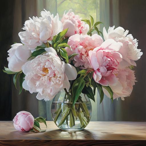 Big white and pink peonies in an ornate tall green glass vase on a small cherry wood table