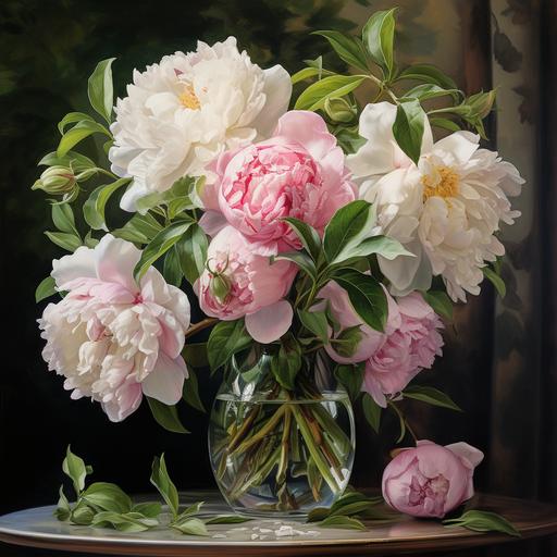 Big white and pink peonies in an ornate tall green glass vase on a small cherry wood table